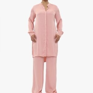Andrea Iyamah Uchi Tunic Top Longline Button Down Silk Like Finish Blush M NWT